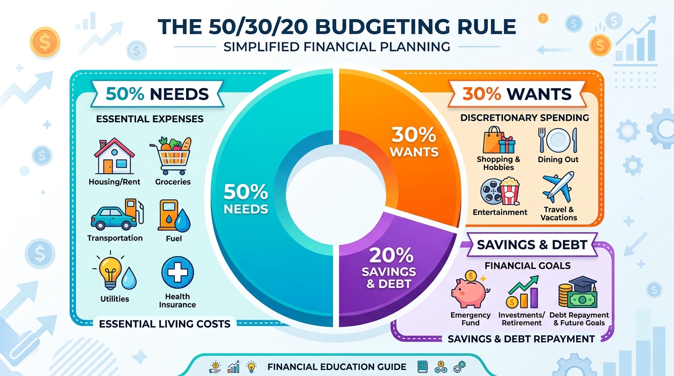 50 30 20 budget rule breakdown showing needs wants and savings categories infographic