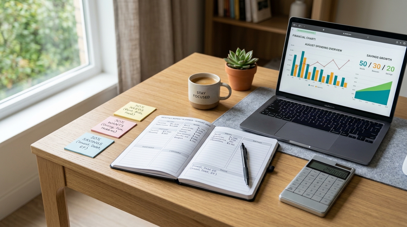50/30/20 budget rule explained with budgeting planner and financial planning desk setup