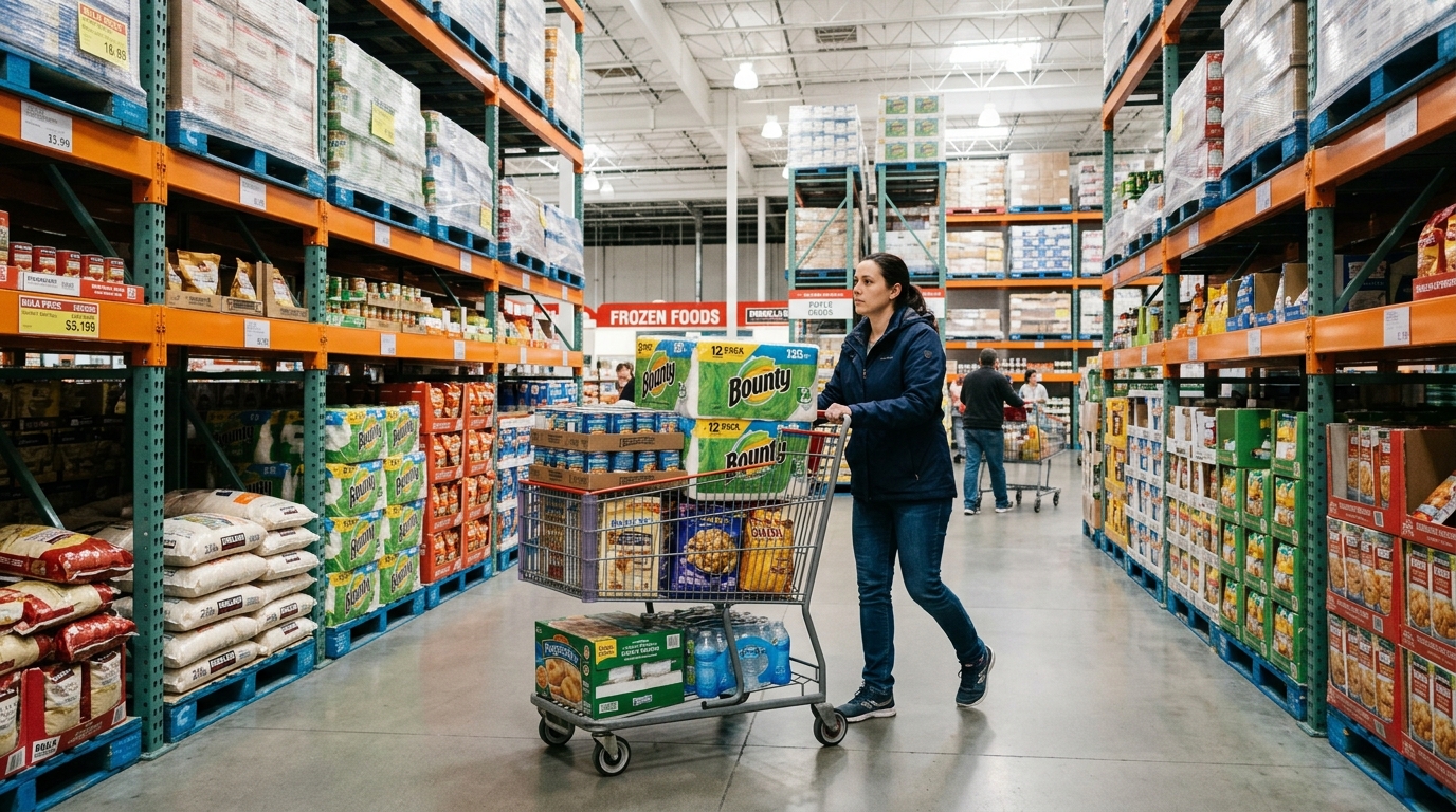 Shopper buying bulk groceries in a warehouse store to save money on food and household items
