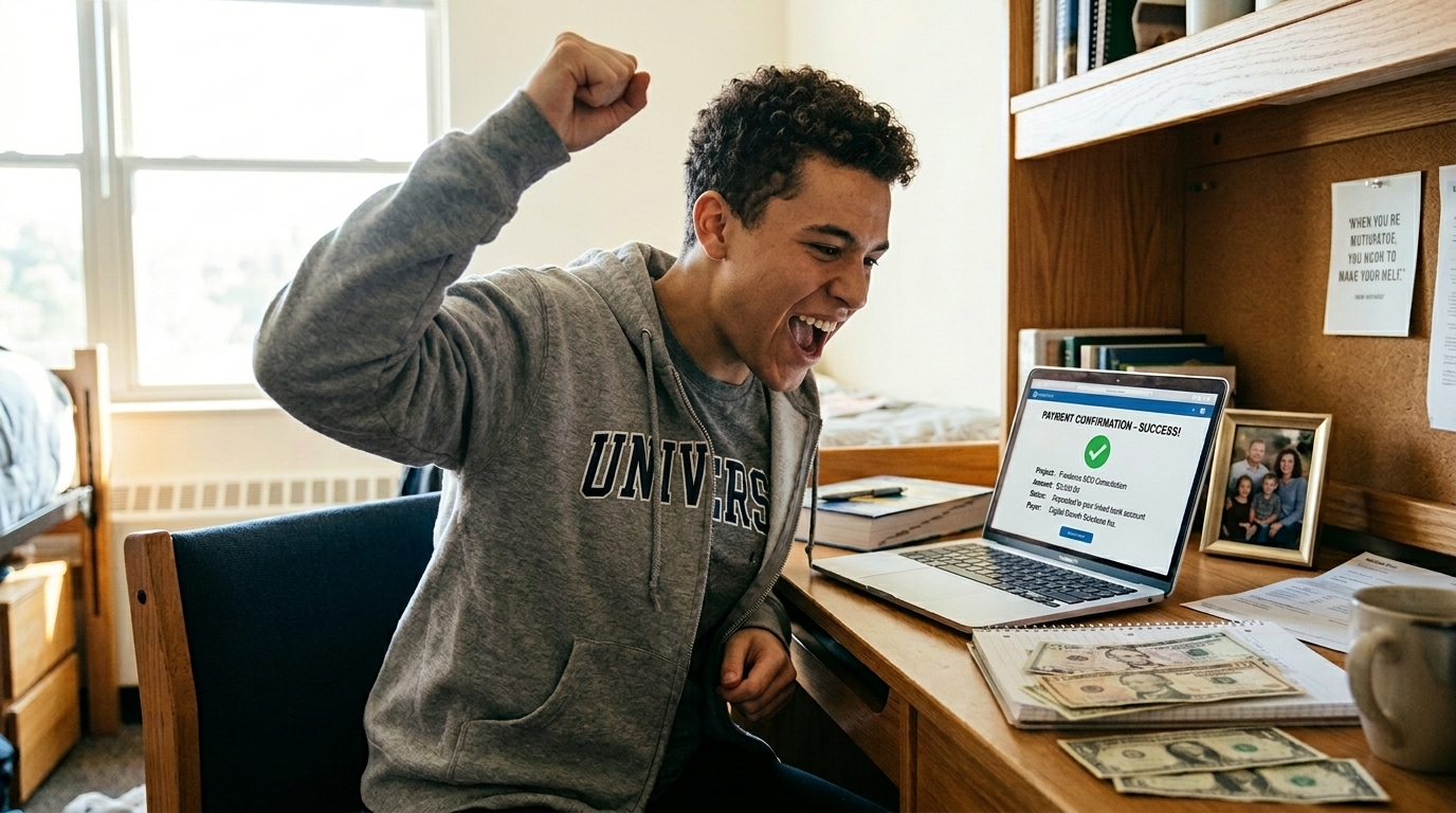 Excited college student celebrating success after making money online through side hustles