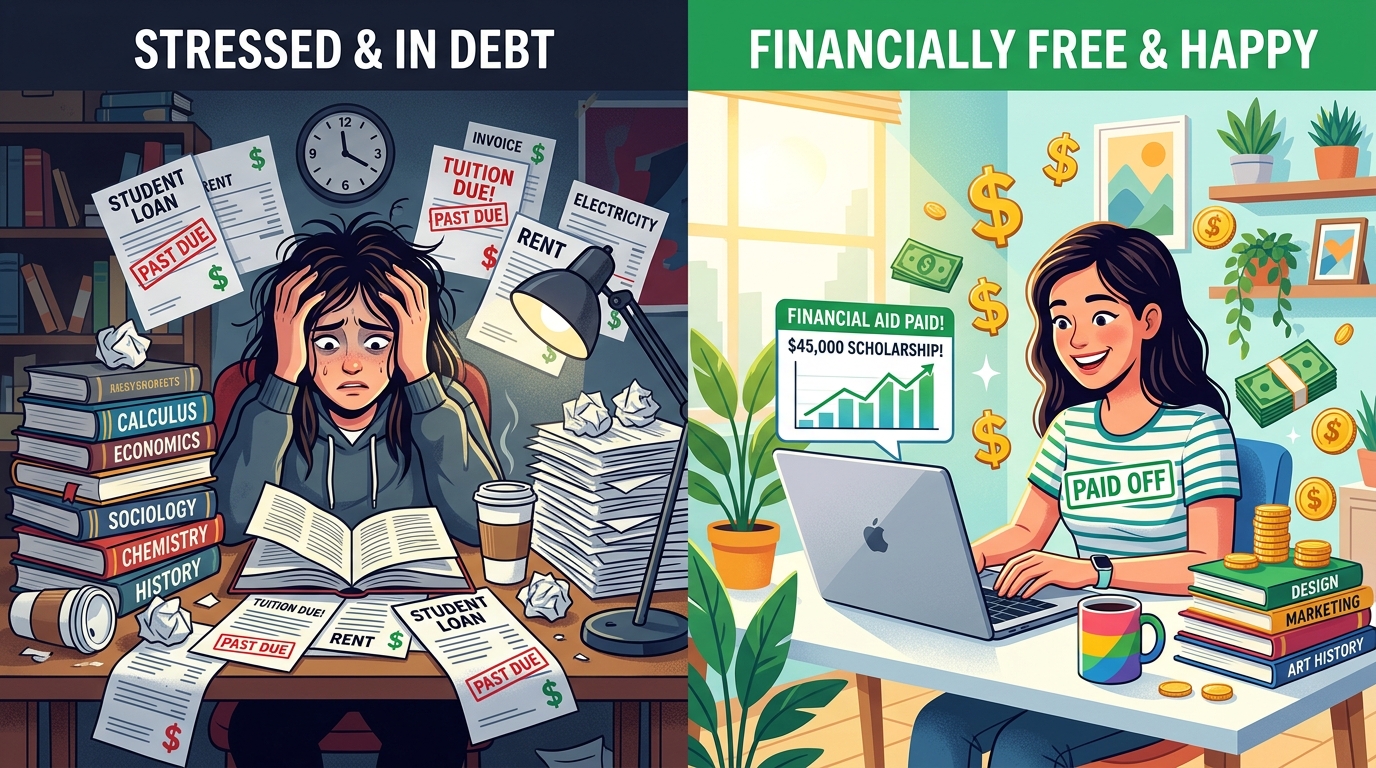 College student earning online income through side hustles instead of struggling with bills