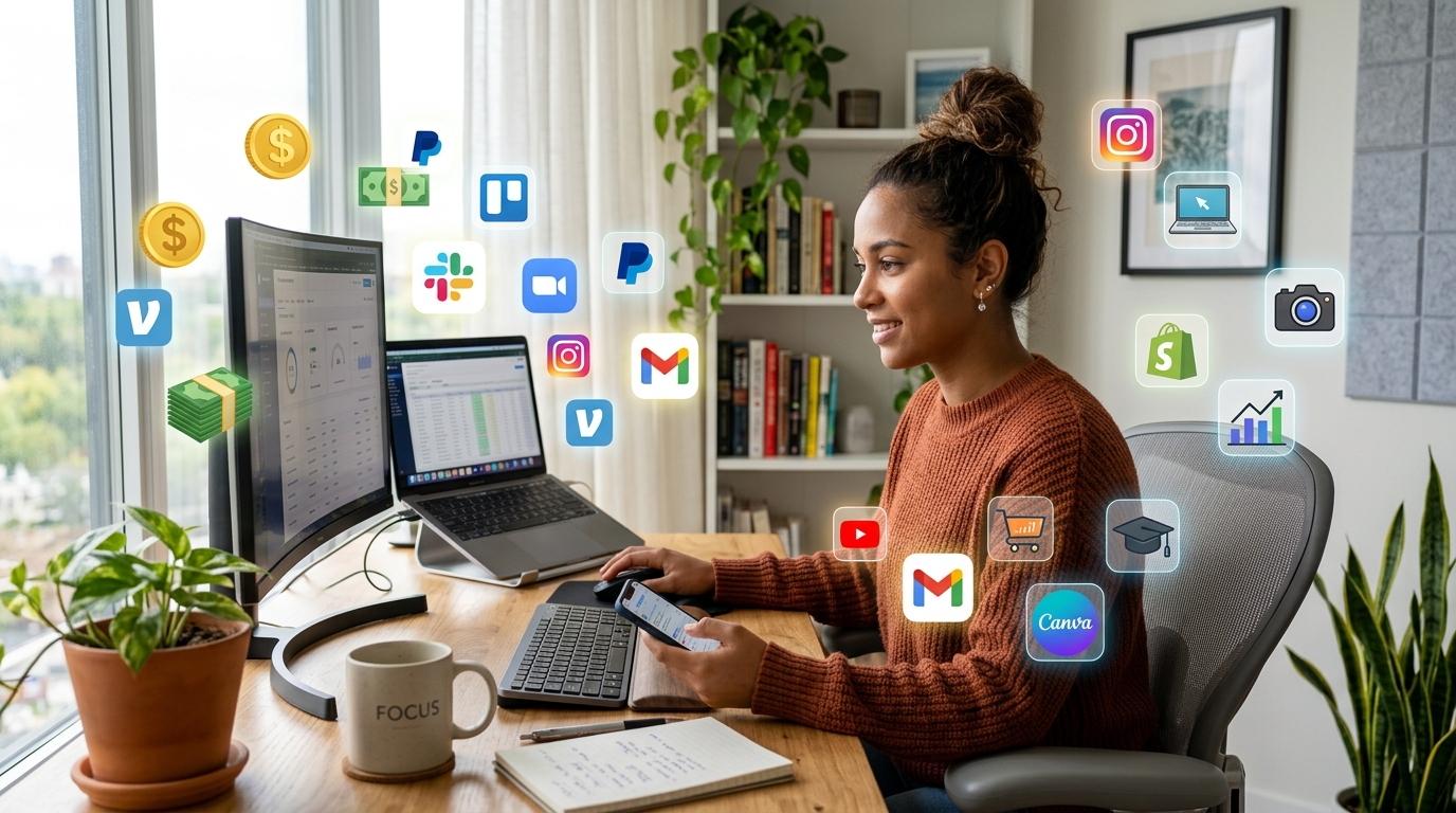 Person using laptop and phone to explore dirty ways to make money from home