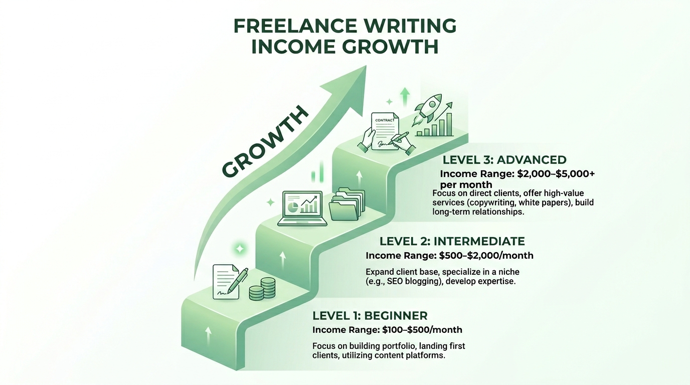 freelance writer side hustle income growth chart showing beginner, intermediate and advanced earnings levels