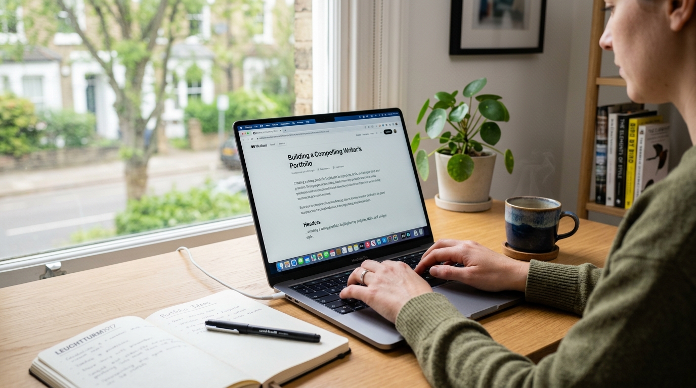 freelance writer side hustle portfolio setup showing laptop with writing samples in a modern workspace