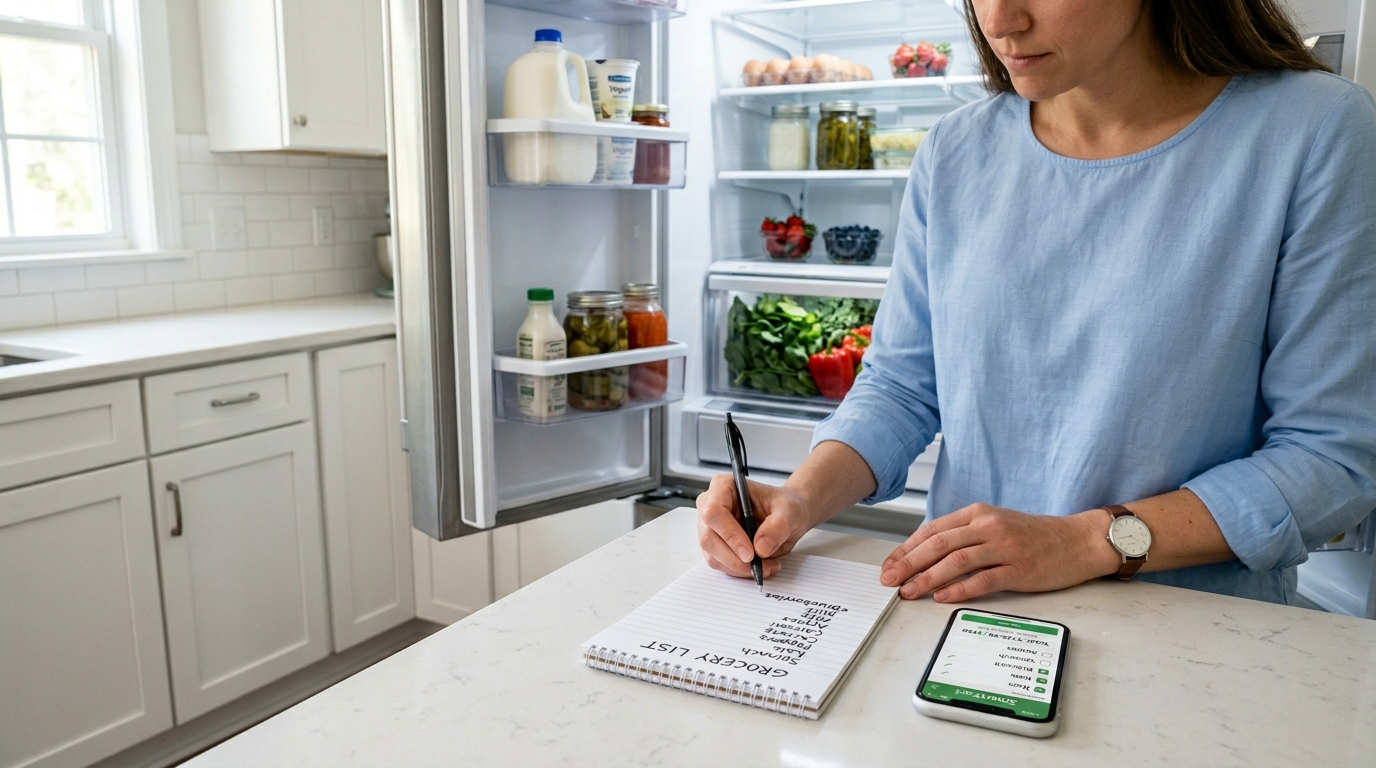 Person writing a grocery list while checking fridge items to plan meals and save money on groceries