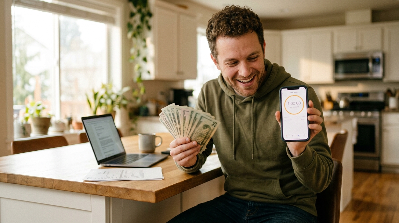 How to make money in one hour showing person holding cash and phone timer
