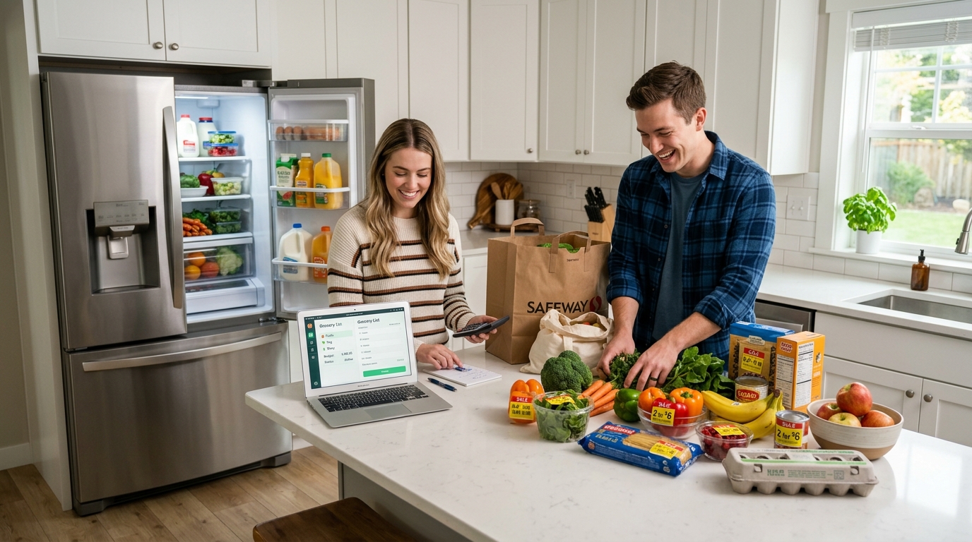 Family organizing groceries in a modern kitchen while planning a budget to save money on groceries in the US