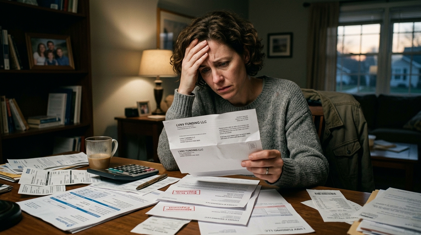 LVNV Funding LLC debt collector guide showing stressed American receiving debt collection letter