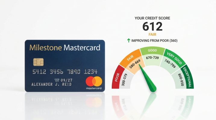 Milestone Credit Card review 2026 for bad credit showing card and credit score improvement