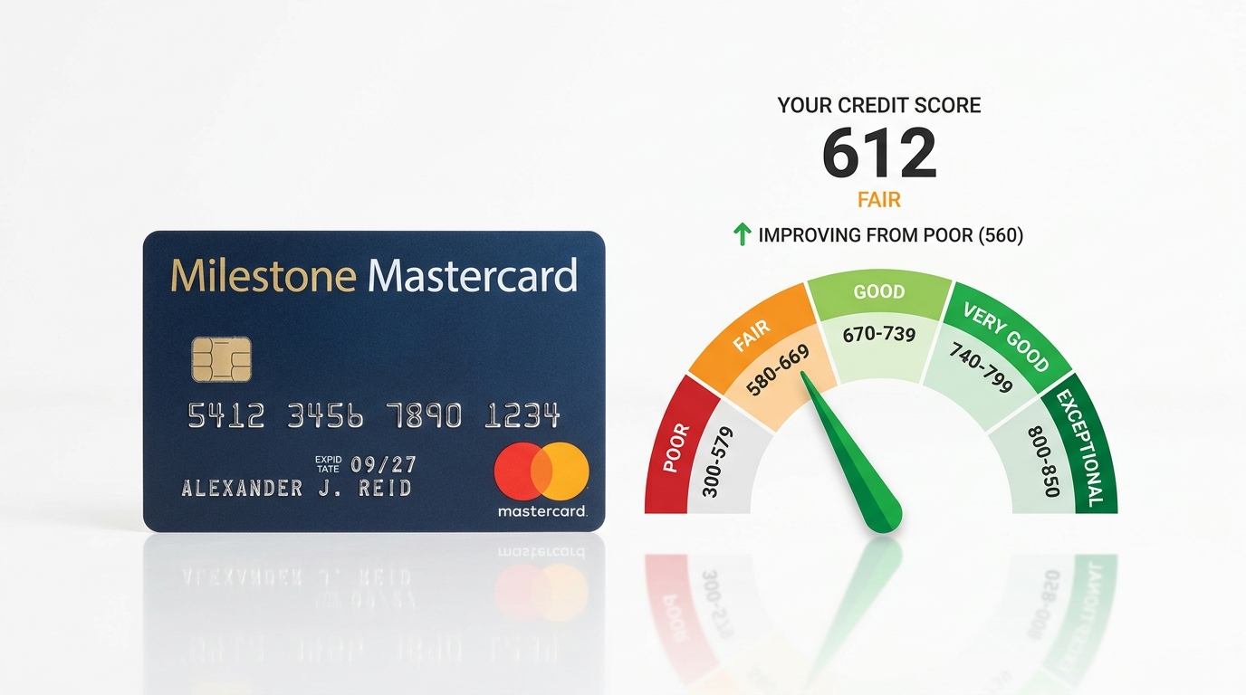 Milestone Credit Card review 2026 for bad credit showing card and credit score improvement