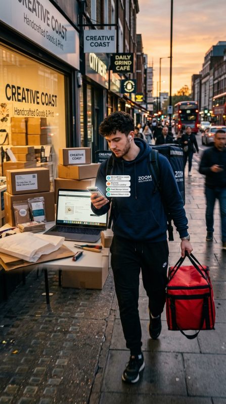 person managing multiple side hustles including delivery work and online freelance income