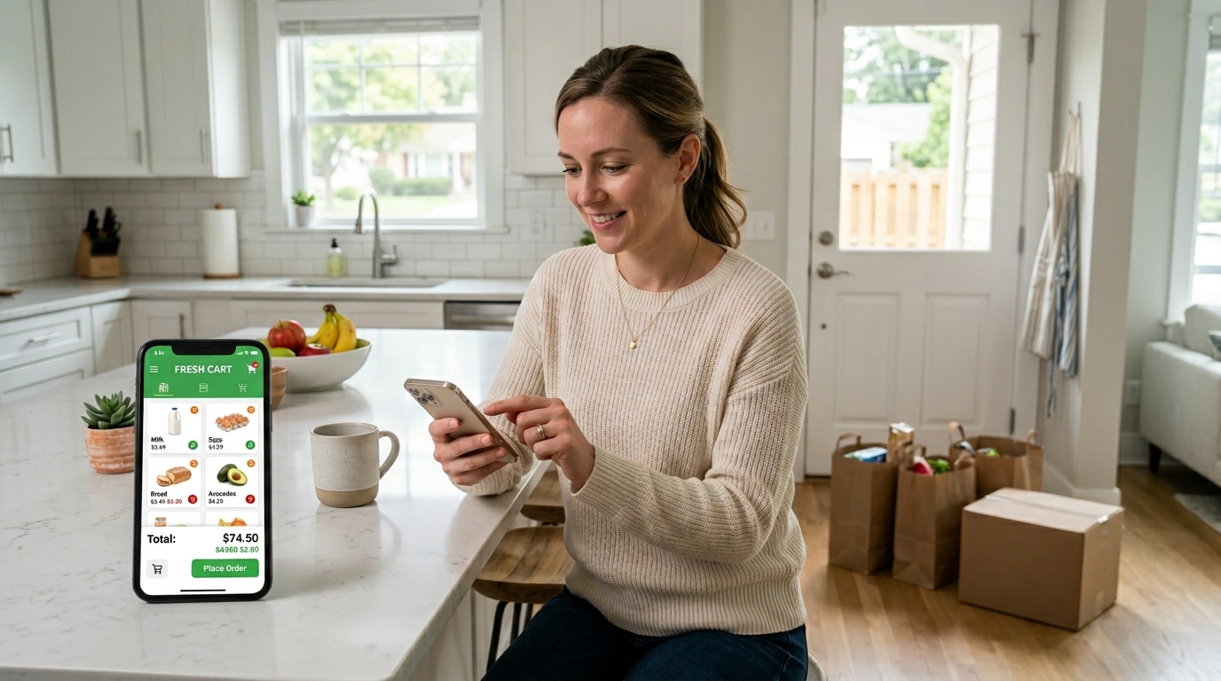 Person using a grocery shopping app at home with delivered food bags to save money on groceries