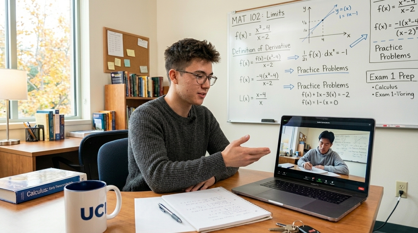 College student tutoring another student online via video call to earn extra money