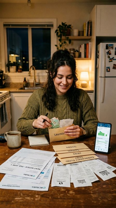 Person organizing bills and expenses using budgeting envelopes and smartphone app for monthly financial planning