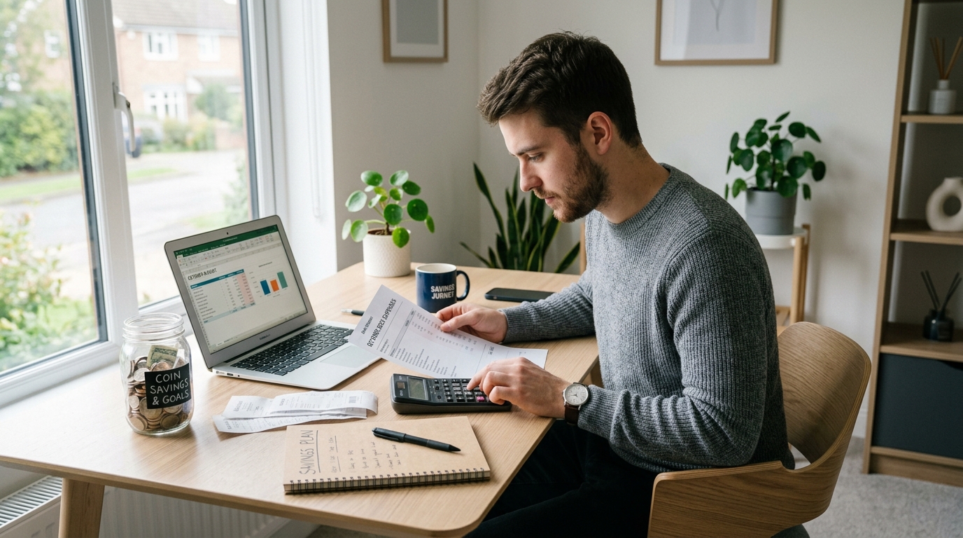 Person planning budget and saving money using calculator laptop and savings jar