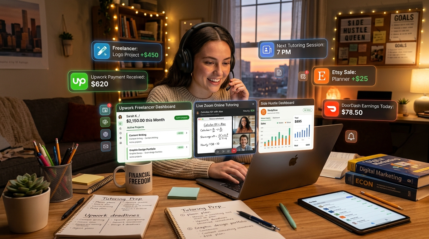 Student earning income from multiple side hustles and flexible online jobs to pay for college without loans