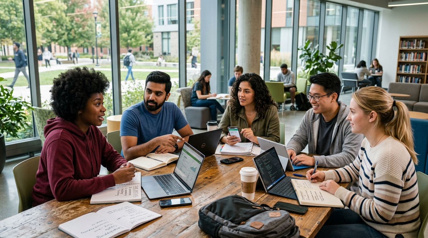 Students discussing money making tips and side hustle ideas on campus with laptops and notes