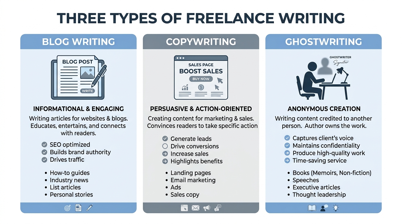 types of freelance writing showing blog writing copywriting and ghostwriting in a simple infographic
