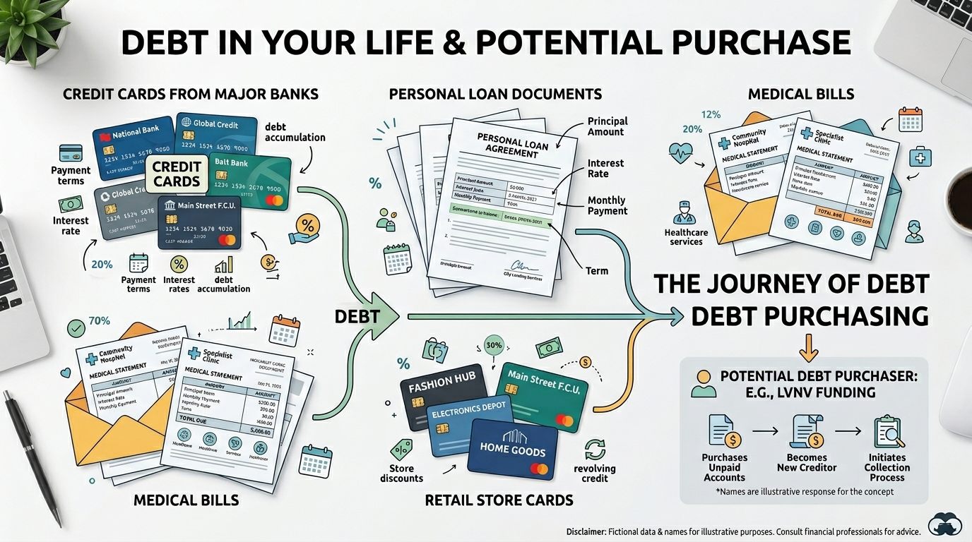 Who does LVNV Funding LLC collect for showing credit cards personal loans and medical debt they purchase