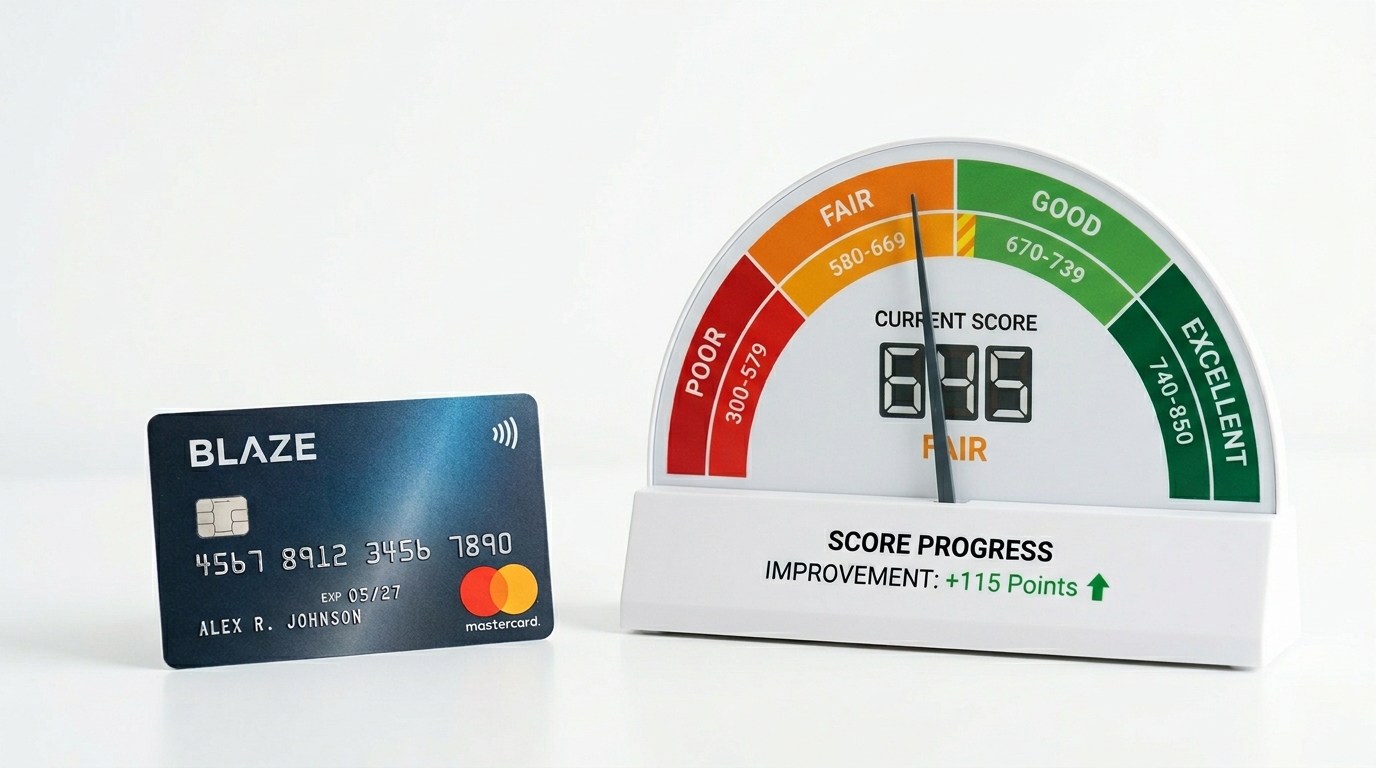 Blaze Credit Card review 2026 showing card and credit score improvement for bad credit