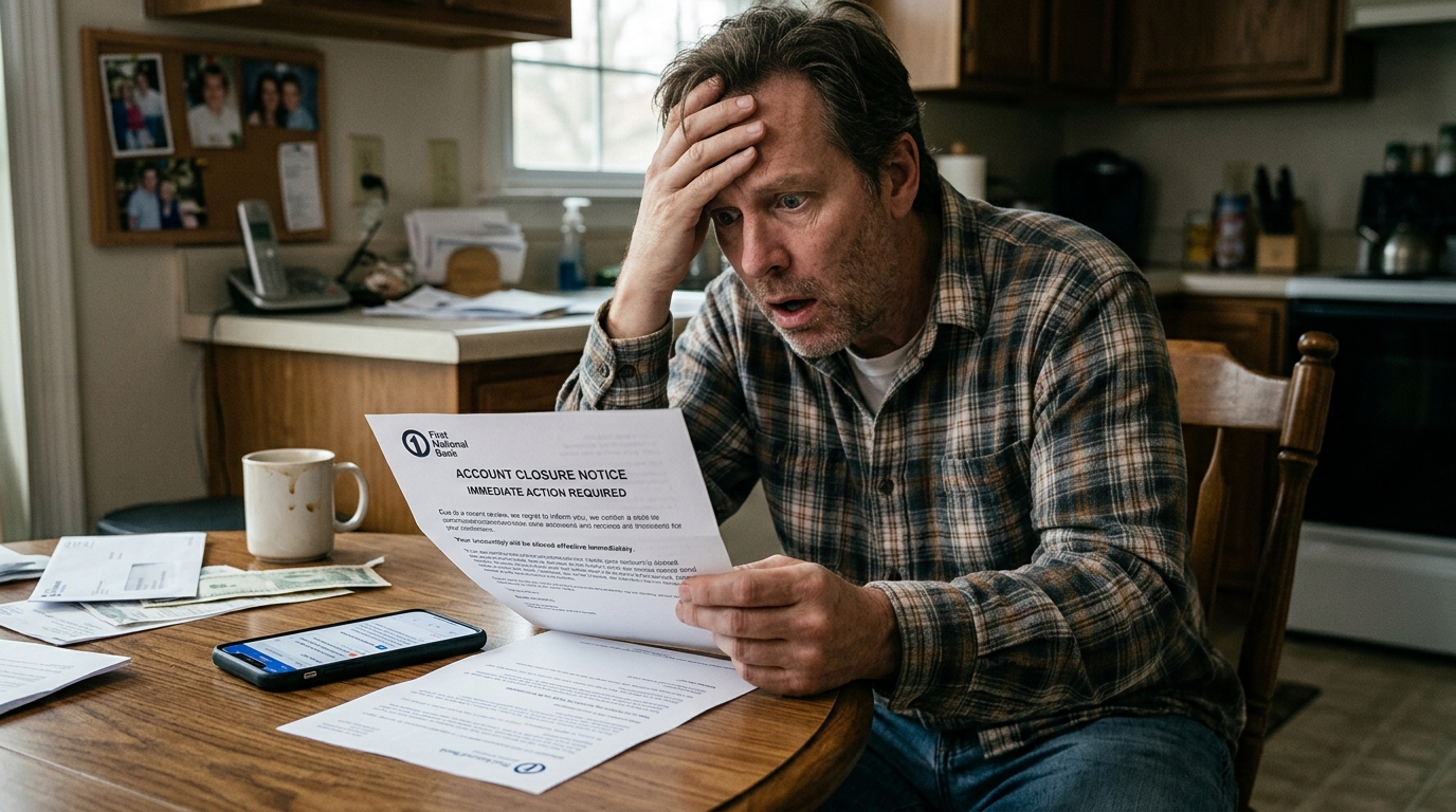 Debanking 2026 showing American consumer receiving unexpected bank account closure notice