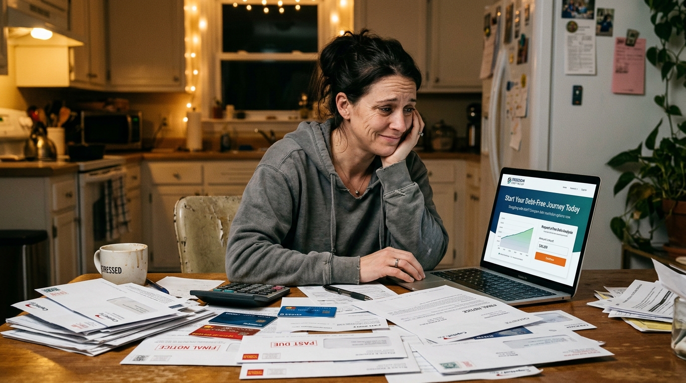 First Advantage Debt Relief review 2026 showing person researching debt settlement options
