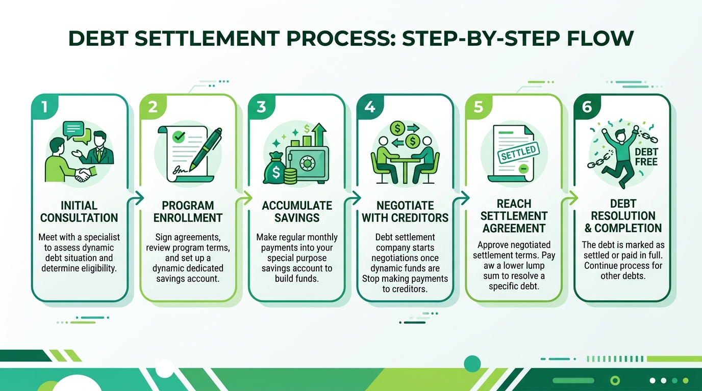 How Accredited Debt Relief works step by step showing debt settlement process from enrollment to completion