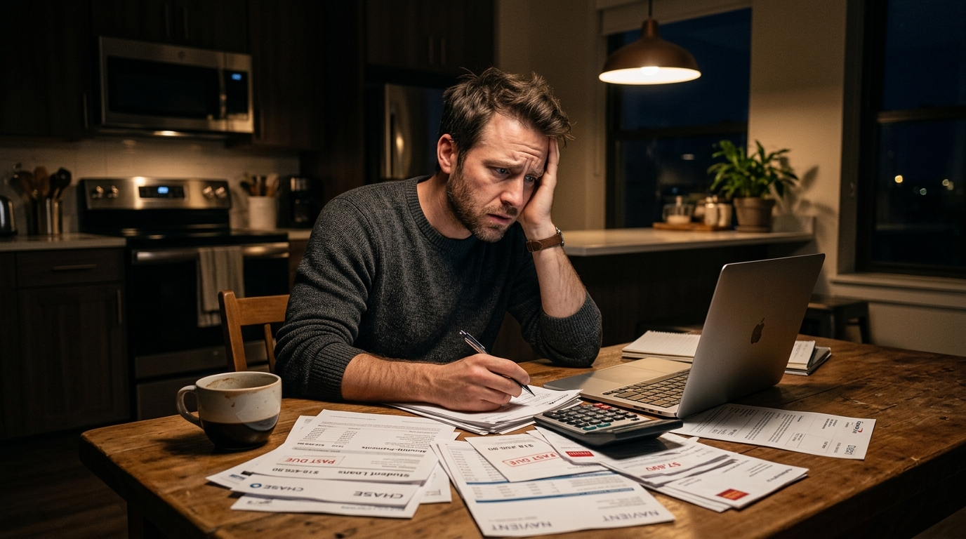 “Person stressed about credit card debt and unpaid bills”